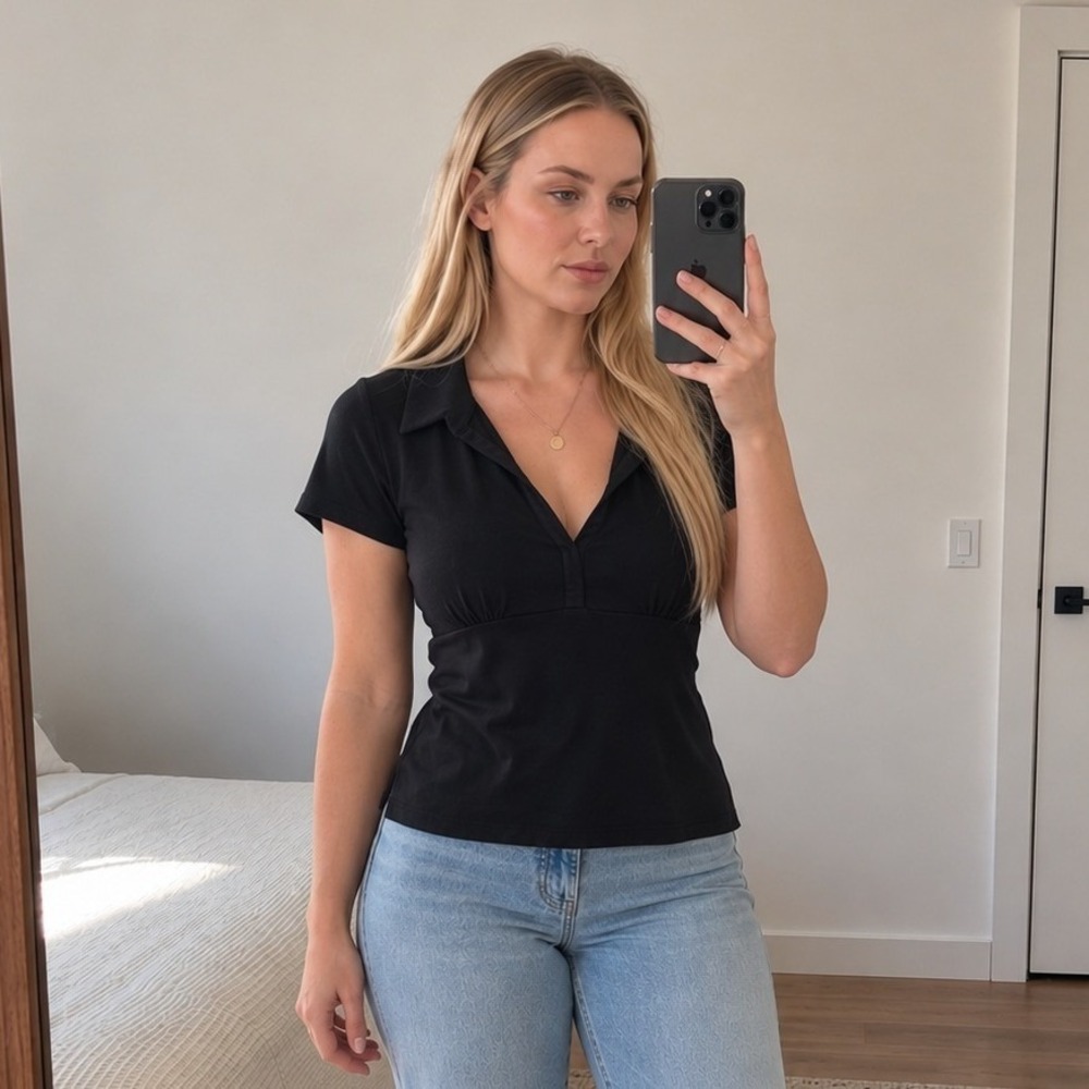 Rag & Bone Women Top Size M Black Short Sleeve Collared Minimalist Preppy